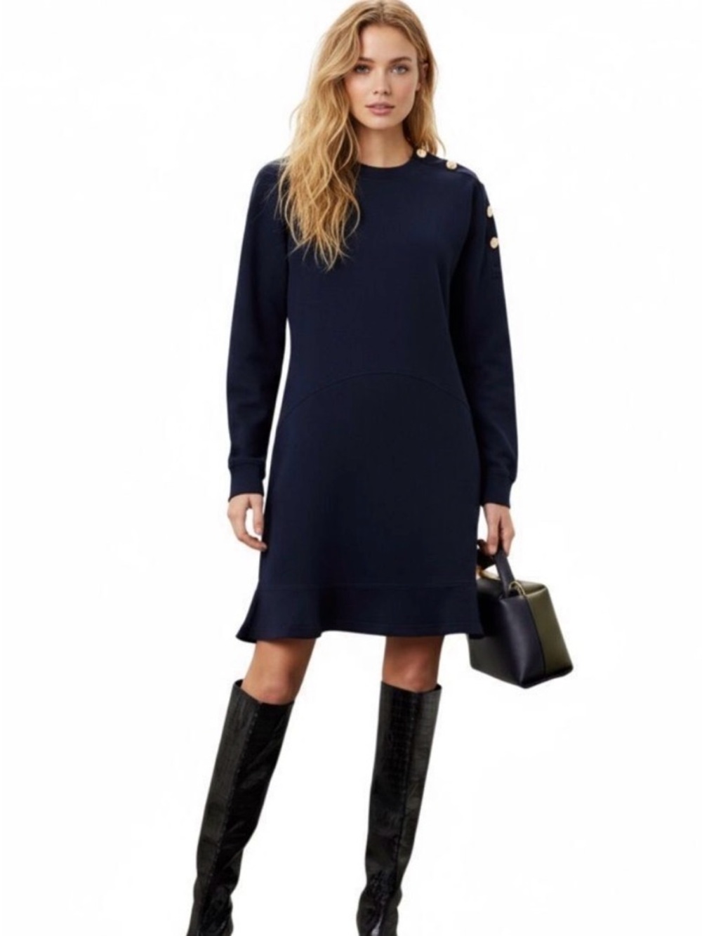 Derek Lam 10 Crosby Navy Long-Sleeve Knit Dress with Shoulder Buttons